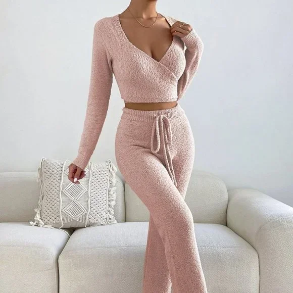 Baby Pink Preppy Womens Surplice Neck Crop Sweater & Drawstring Waist Knit Pants - Picture 2 of 5